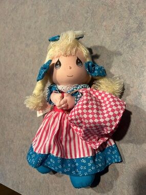Vintage Precious Moments Blue & Pink Rag Doll with Checkered Apron